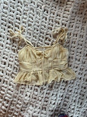 American Eagle Outfitters Yellow Gingham Tie-Shoulder Peplum Camisole